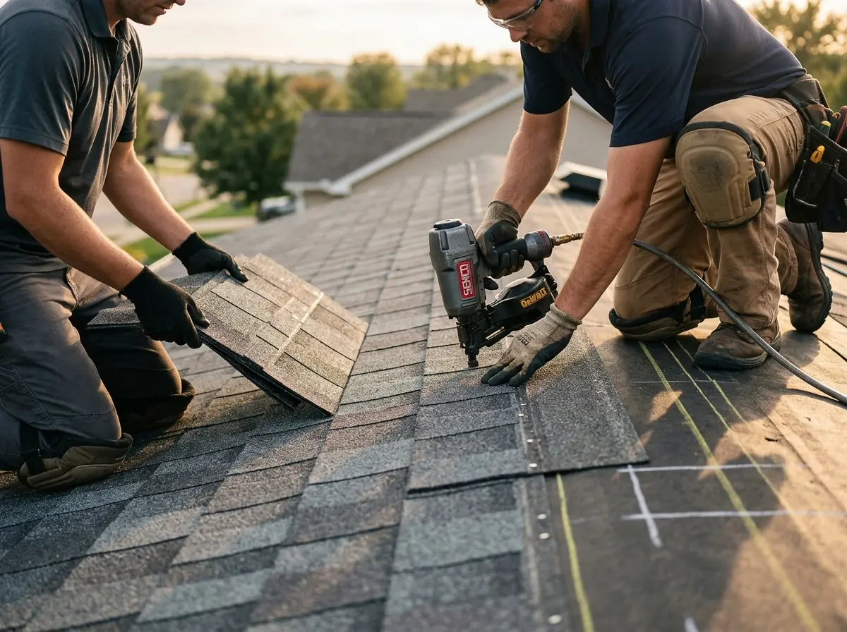 Professional roofer working on a residential roof in Monson